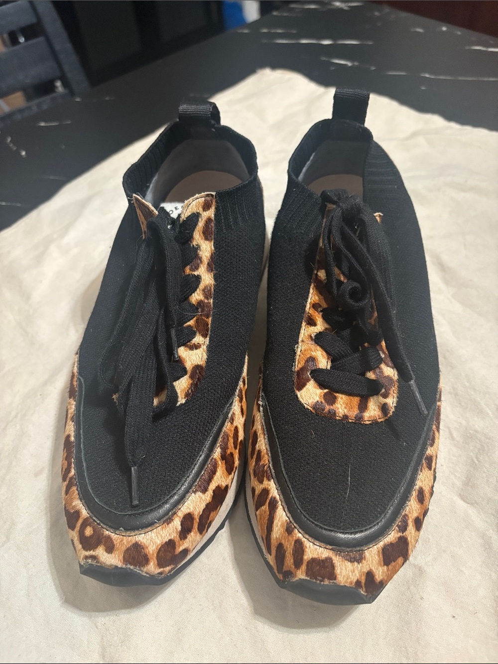 Loeffler Randall Black Knit Sneakers with Leopard Trim